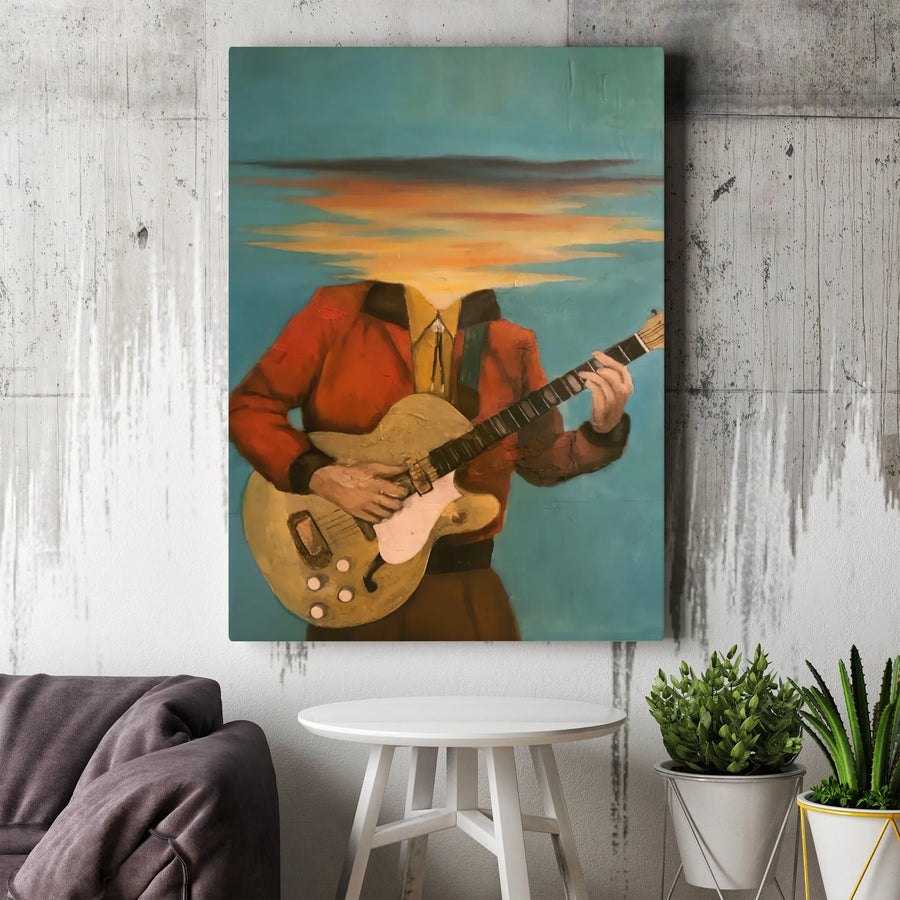 Surrealist Guitarist Canvas Print | Sunset Cloud Head Wall Art | Premium Gallery Wrap Decor | Musician Gift for Music Lover