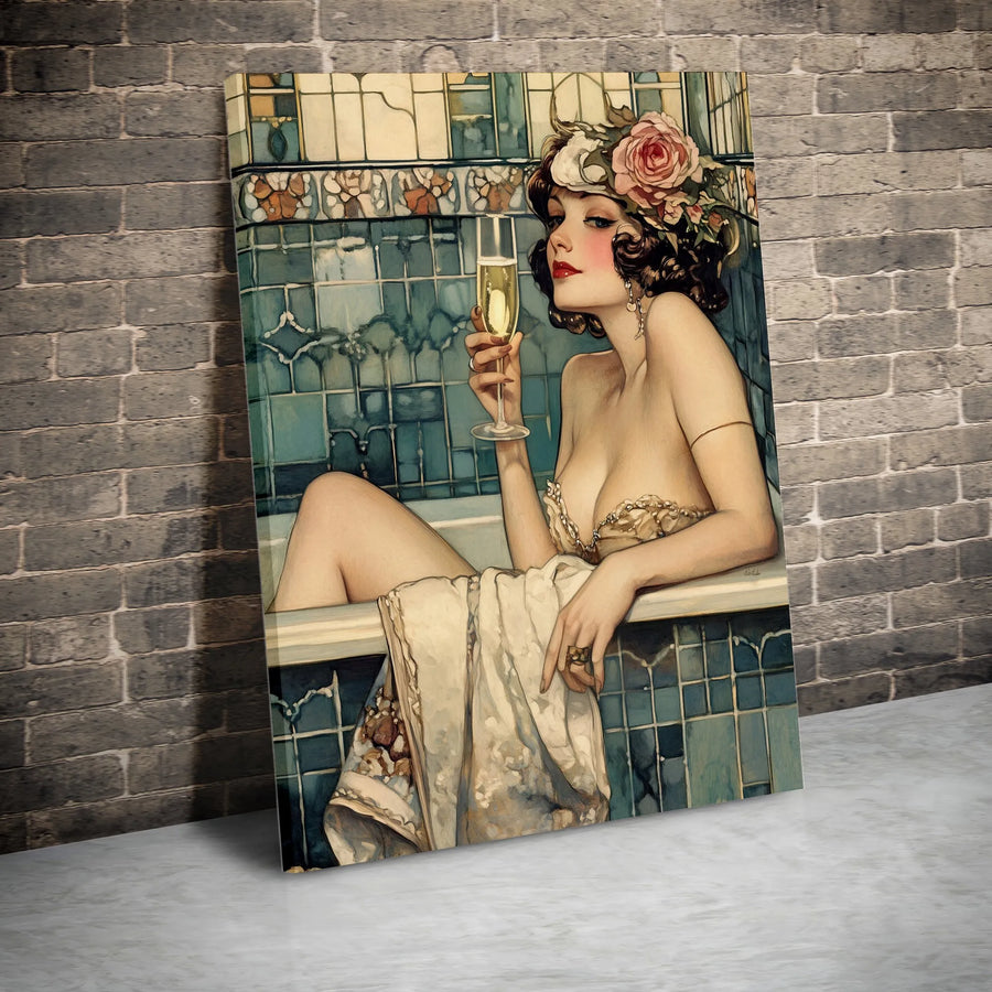Art Nouveau Woman Bathtub Canvas Print | Elegant Champagne Lady Illustration | 1.25-Inch Premium Gallery Wrap | Sophisticated Home Decor Gift