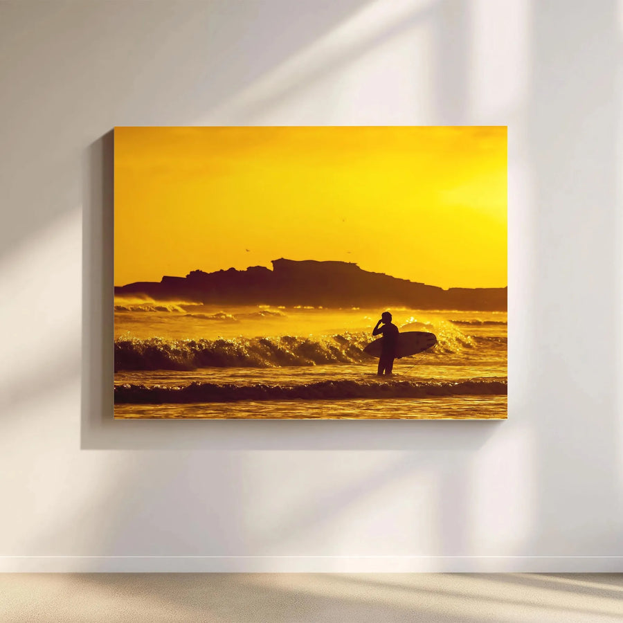 Surfer Sunset Wall Art | Golden Ocean Silhouette Canvas | 1.25 Inch Gallery Wrap | Coastal Beach Decor for Home or Office Gift