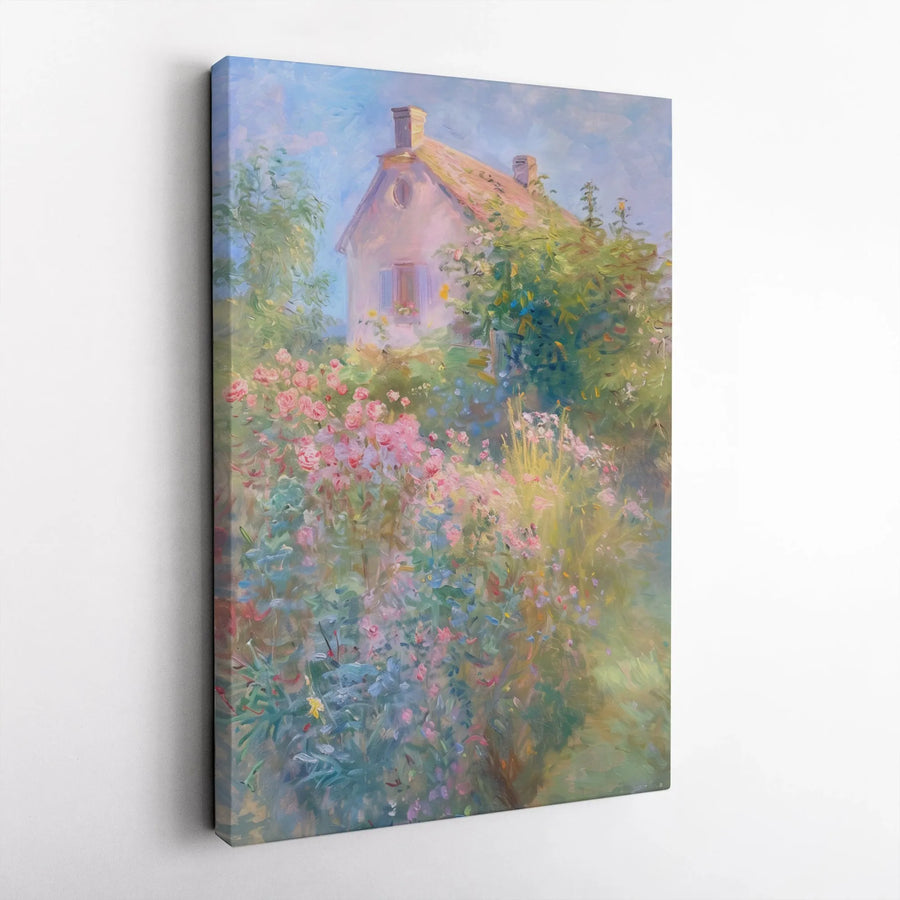 Cottage Garden Canvas Wall Art | Impressionist Country House Painting | Premium Thick Gallery Wrap | Farmhouse Living Room Decor Gift