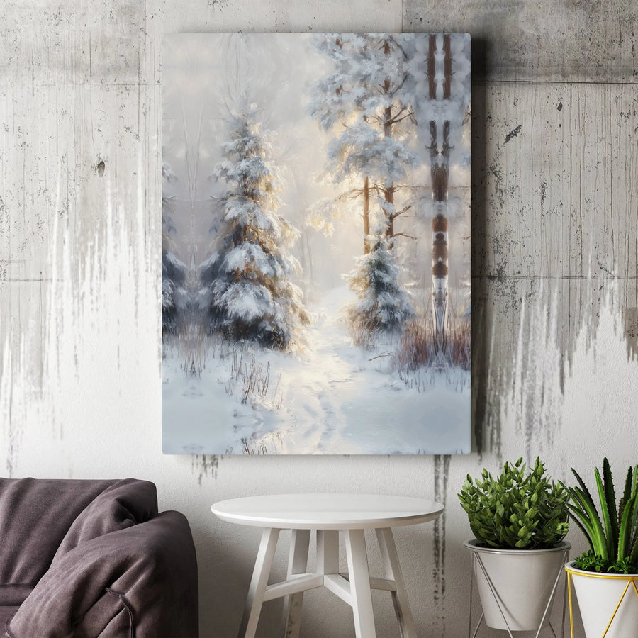 Winter Forest Canvas Print | Snowy Pine Trees Painting | Premium Gallery Wrapped Canvas | Rustic Home Decor Gift