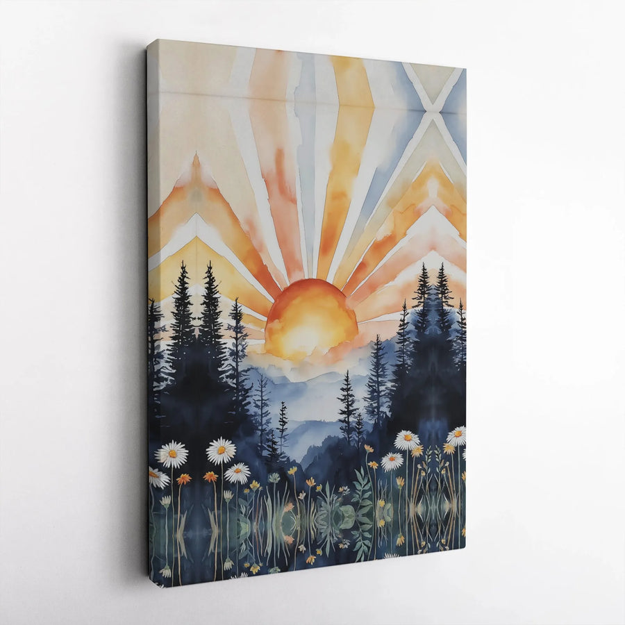 Watercolor Forest Sunrise Vertical Canvas | Boho Pine Trees & Daisy Meadow Art Print | 1.25 In Gallery Wrapped Premium Canvas | Nature Lover Gift, Living Room Wall Decor