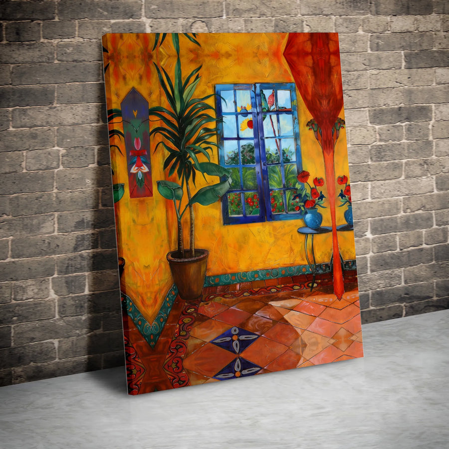 Mediterranean Wall Art | Vibrant Interior Canvas Print with Blue Window | Premium Gallery Wrap Decor | Artistic Home Gift for Living Room