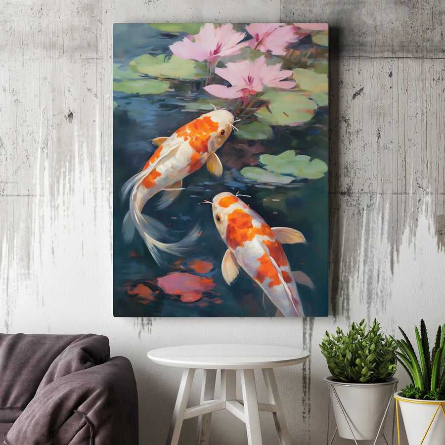 Koi Fish Canvas Wall Art | Zen Pond Painting with Pink Lotus Flowers | Premium 1.25 Inch Gallery Wrap | Peaceful Nature Home Decor Gift