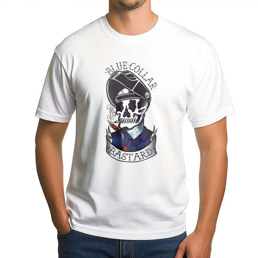 Welder Skull Graphic T-Shirt | Blue Collar Bastard Tattoo Style Art | Premium Cotton Unisex Tee | Funny Gift For Welders And Metalworkers