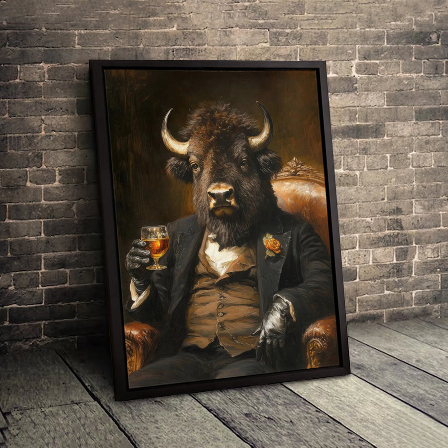 Distinguished Bison Wall Art | Gentleman Buffalo in Suit with Whiskey Glass | Premium Gallery-Wrapped Canvas Print | Sophisticated Home Office Decor