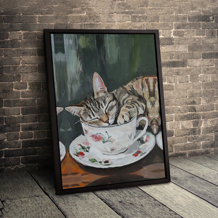 Sleeping Tabby Cat Wall Art | Floral Teacup Oil Painting Style | Premium 1.25-Inch Gallery Canvas | Cute Animal Home Decor Gift