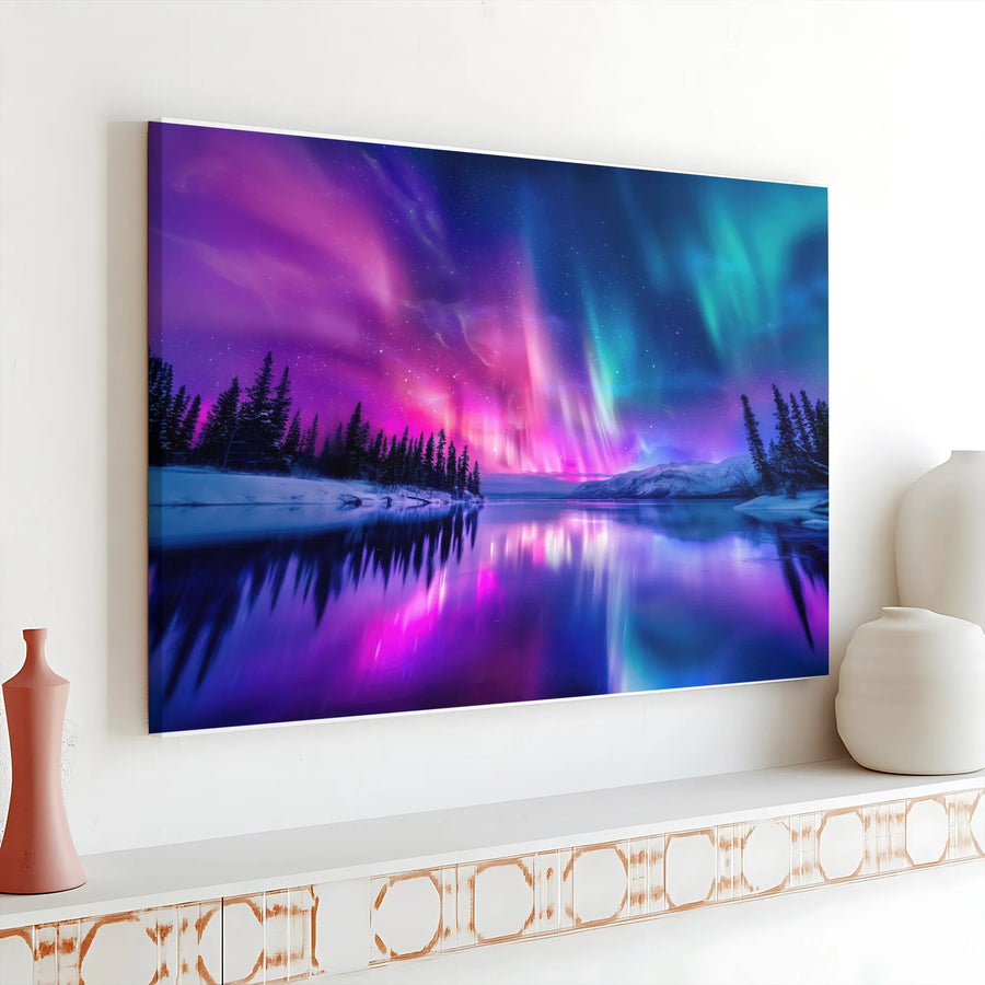 Aurora Borealis Canvas Wall Art | Vibrant Northern Lights Snowy Lake Landscape | Premium Gallery Wrap Print | Nature Lover Home Decor Gift