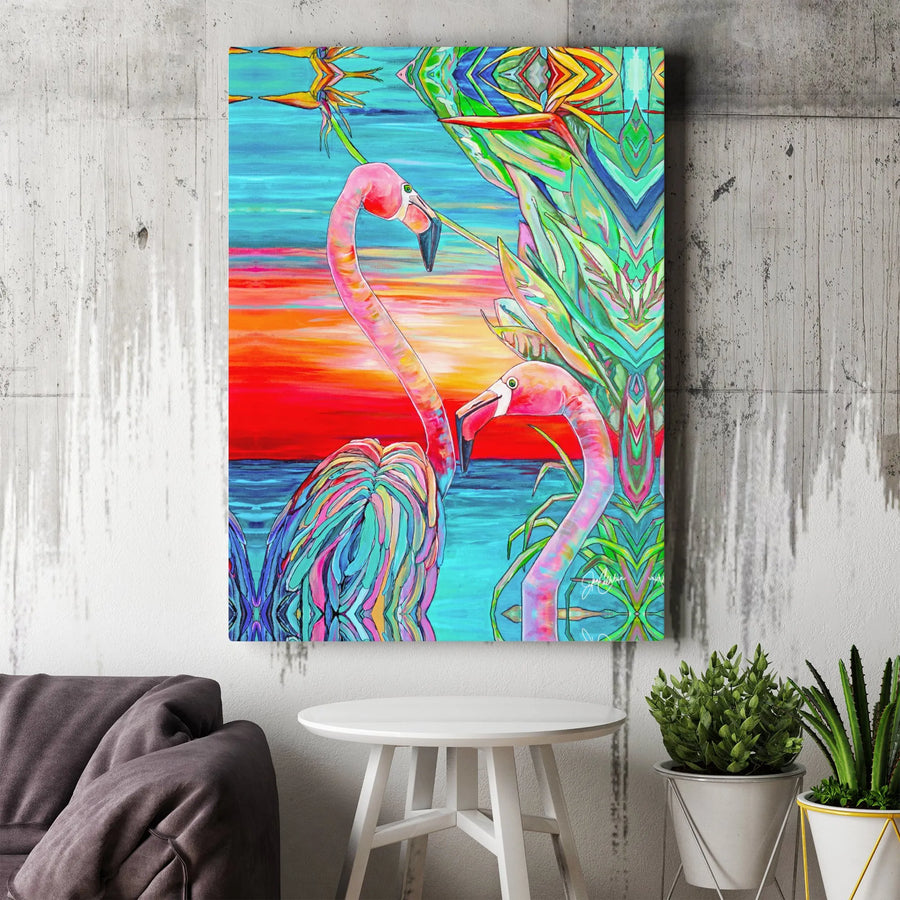 Tropical Flamingo Canvas Art | Vibrant Sunset Bird of Paradise Print | 1.25 Inch Gallery Wrap | Coastal Boho Home Decor Gift