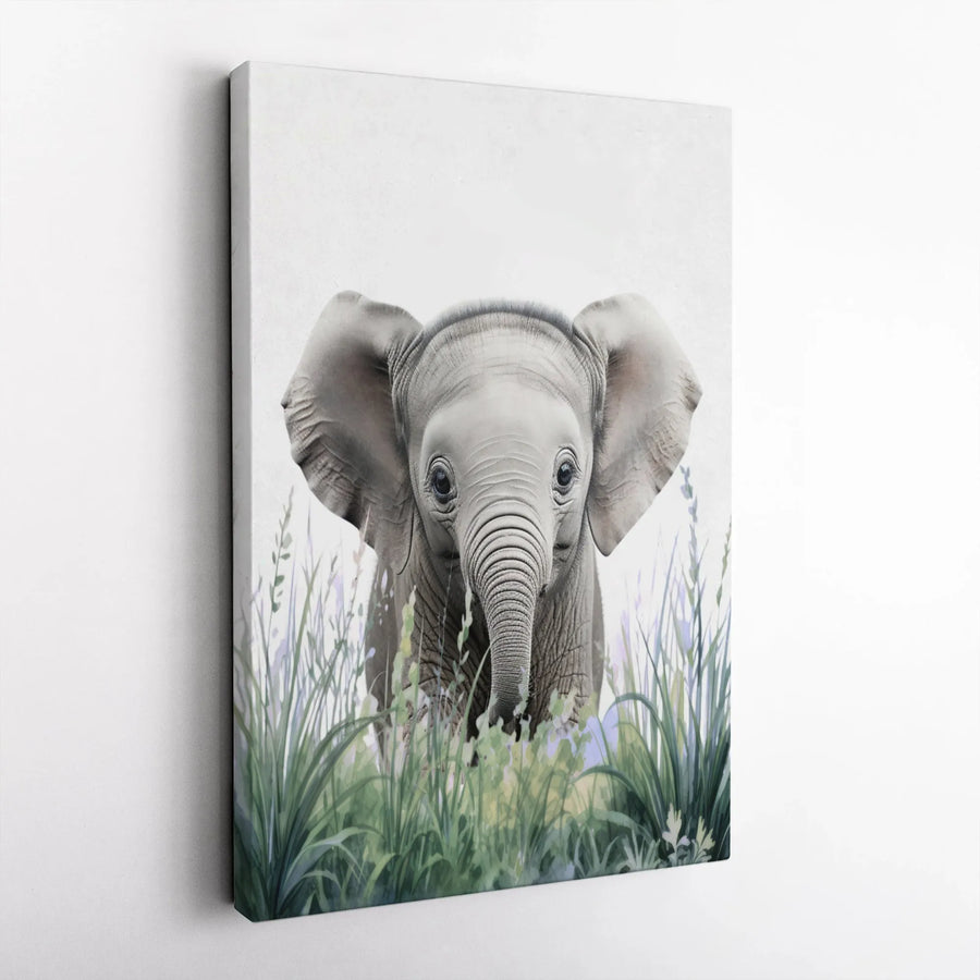 Baby Elephant Canvas Wall Art | Watercolor Wildflower Nursery Decor | 1.25-Inch Gallery Wrap | Premium Animal Print Gift