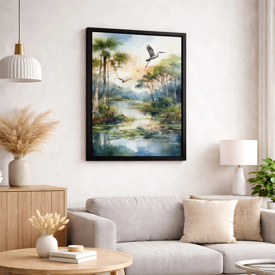 Florida Swamp Landscape Canvas | Watercolor Heron and Palm Tree Art | Premium Fade-Resistant Print | Nature Wall Decor for Coastal Home Living
