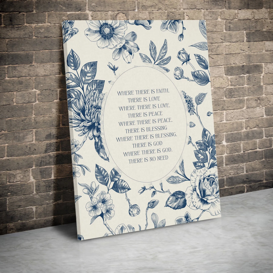 Religious Wall Art Canvas | Where There Is Faith Quote | Vintage Blue Floral Print | Inspirational Christian Home Decor Gift