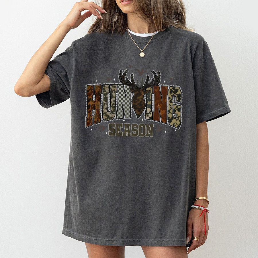 Hunting Season T-Shirt | Camo Deer Antler Graphic | 100% Cotton Premium Tee | Outdoors Gift for Hunters Men and Women