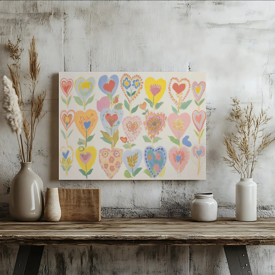 Heart Flower Wall Art | Folk Art Floral Canvas Print | Premium Gallery Wrapped Decor | Whimsical Colorful Nursery Gift