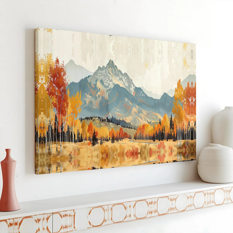Autumn Mountain Landscape Canvas Print | Fall Aspen Forest Lake View | Premium Gallery Wrap Wall Art | Modern Rustic Home Decor Gift