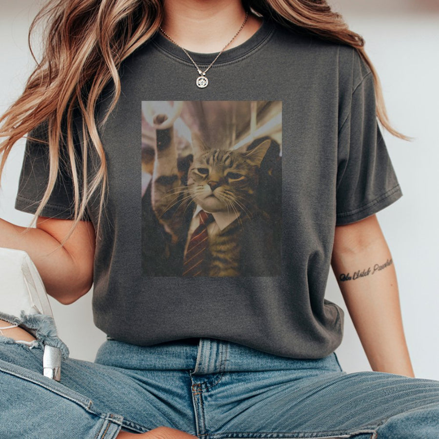 Funny Cat Commuter T-Shirt | Office Worker Tabby Graphic | 100% Cotton Premium Quality | Whimsical Animal Lover Gift Tee