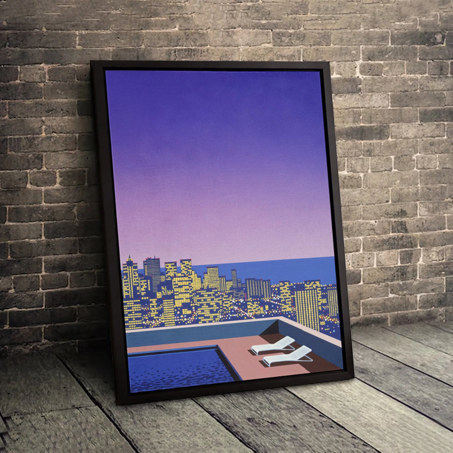 Cityscape Rooftop Pool Canvas Art | Pixel Art Sunset Skyline Decor | Premium Gallery Wrap Print | Modern Home & Office Wall Decor