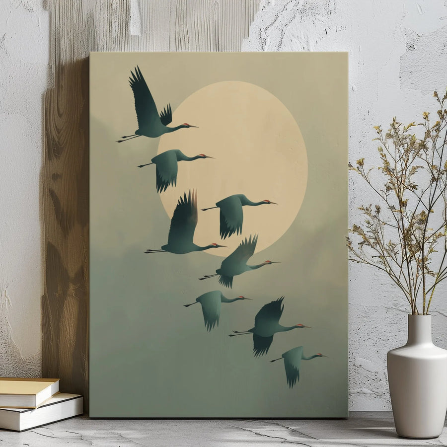 Cranes Flying Toward Sun Canvas Wall Art | Minimalist Bird Flock Illustration | Premium Gallery Wrap Decor | Nature Lover Gift