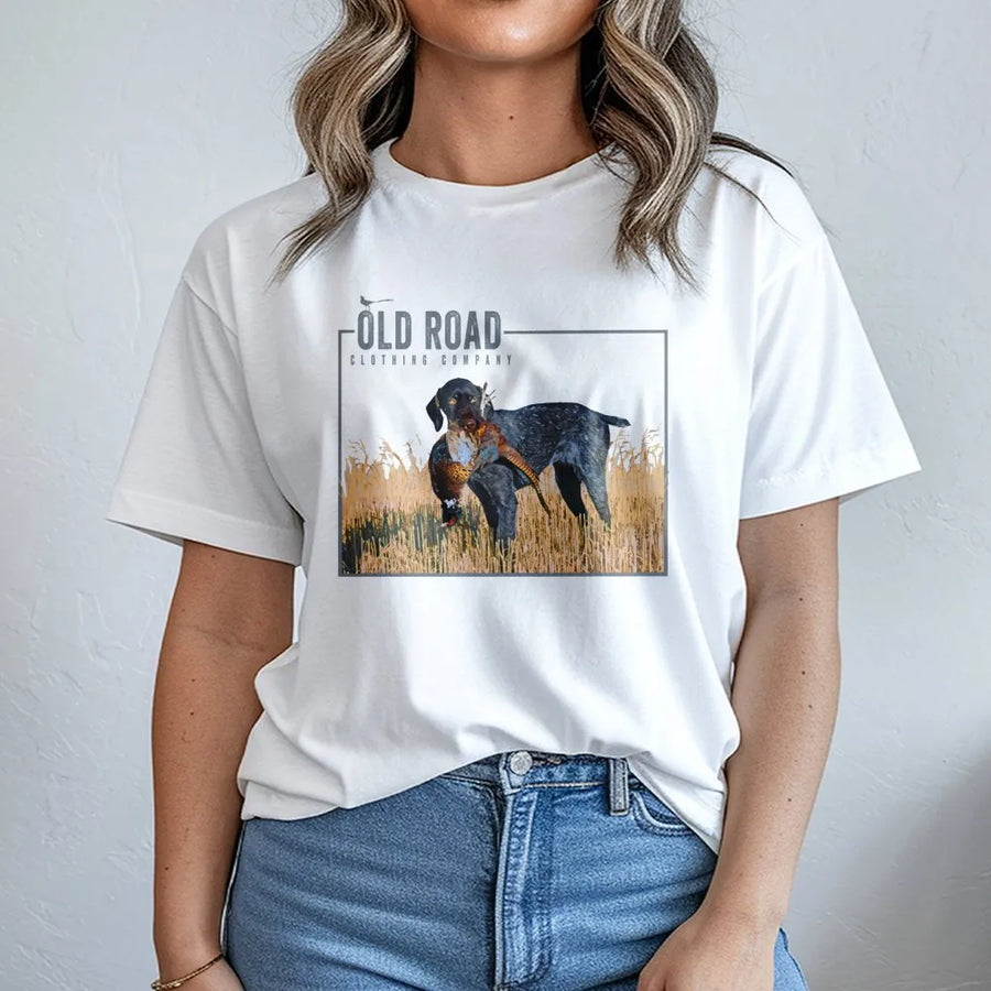 German Shorthaired Pointer T-Shirt | GSP Pheasant Hunting Graphic | 100% Cotton Premium Tee | Upland Bird Dog Hunter Gift for Men and Women