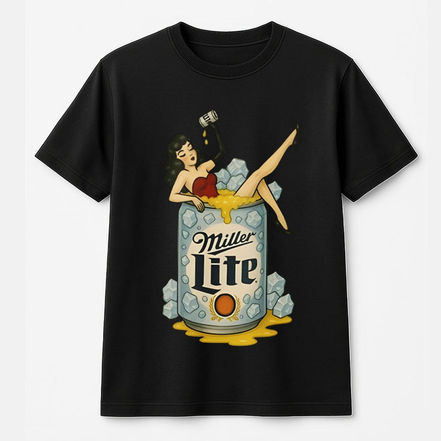 Miller Pin-Up Graphic T-Shirt, Unisex Retro Beer Logo T-Shirt, Vintage Style Artwork, Fun Beer Lover  T-Shirt