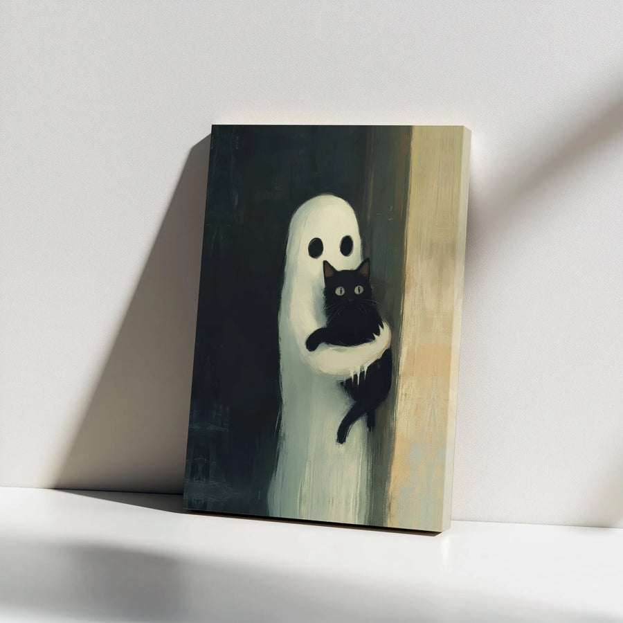 Ghost Holding Black Cat Canvas Art | Whimsical Spooky Home Decor | Premium Gallery Wrapped Print | Cute Halloween Wall Art Gift
