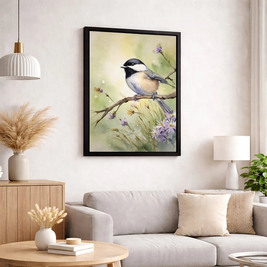 Watercolor Black-Capped Chickadee Wall Art | Botanical Bird Illustration Print | Premium Gallery-Wrapped Canvas | Bird Lover Home Decor Gift