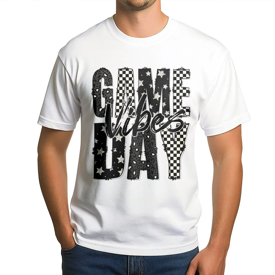 Game Day Vibes T-Shirt | Checkered Sports Graphic Tee | 100% Cotton Premium Quality | Football Season Fan Gift for Women and Men