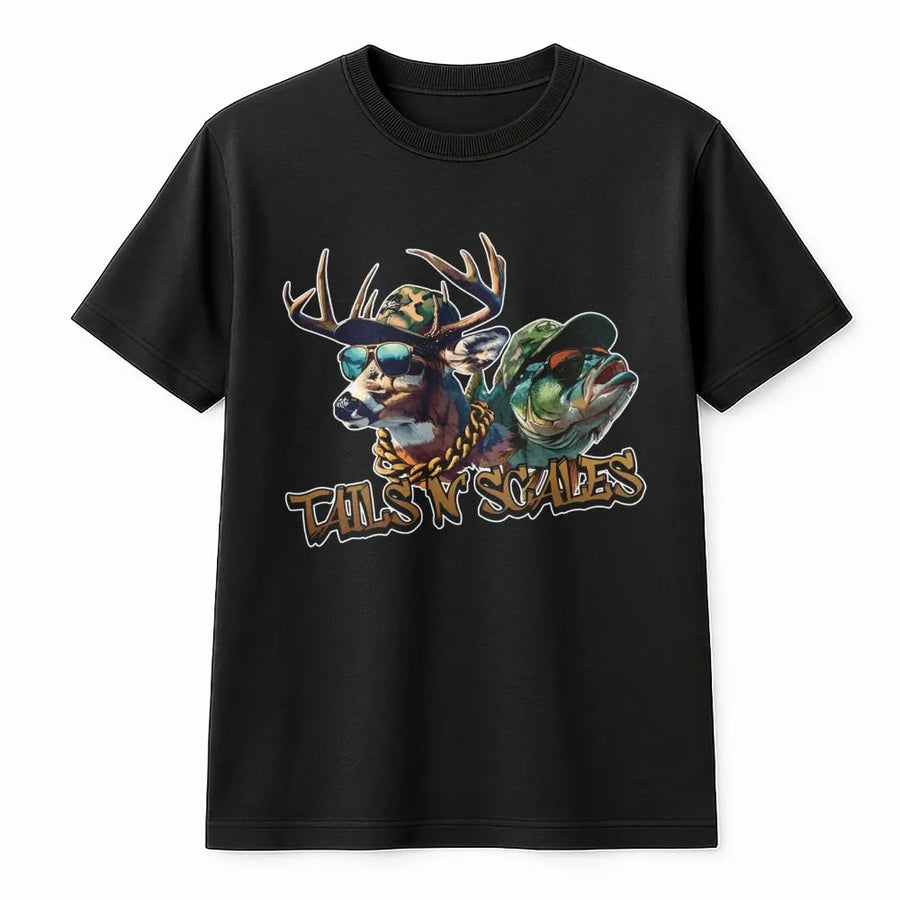 Tails N Scales T-Shirt | Funny Hunting and Fishing Graphic | Premium Soft Cotton Unisex Tee | Gift for Outdoor Enthusiasts and Anglers