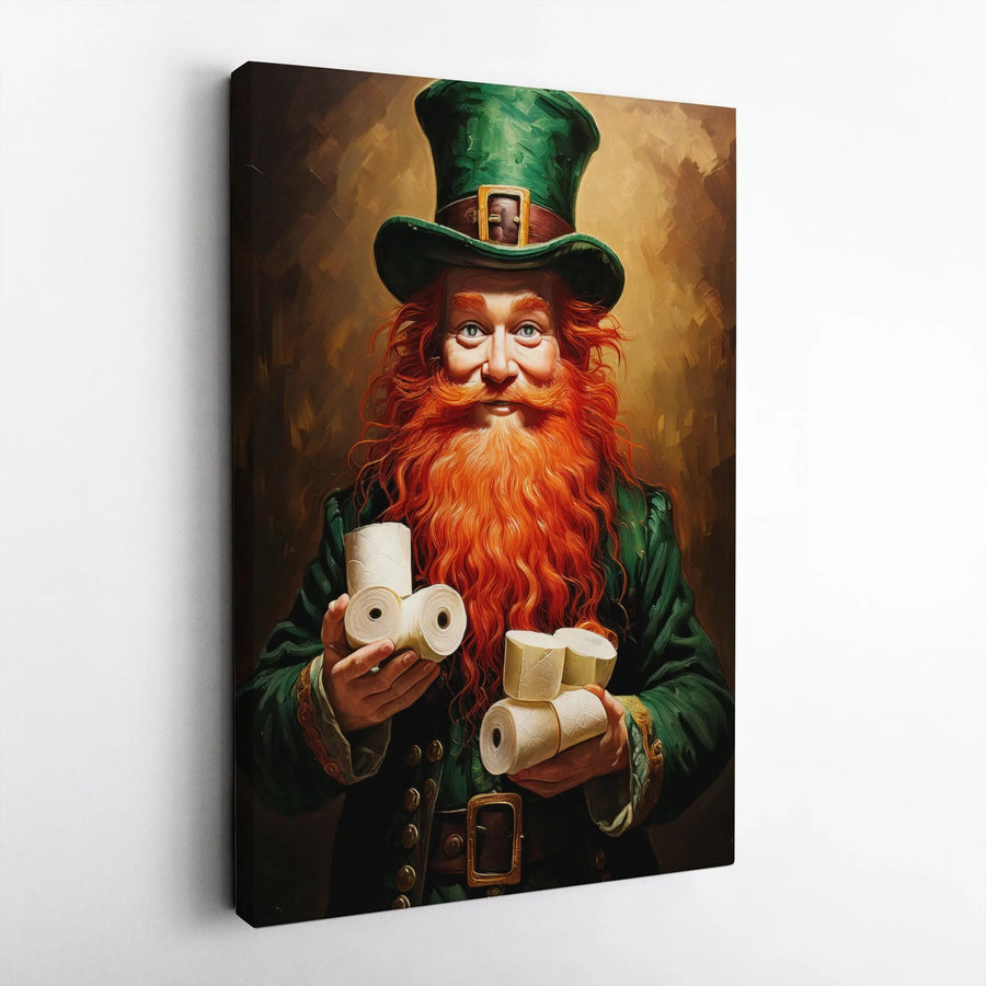 Funny Leprechaun Canvas Print | Hoarding Toilet Paper Art | Premium Thick Gallery Wrapped Canvas | St Patrick's Day Decor Gift
