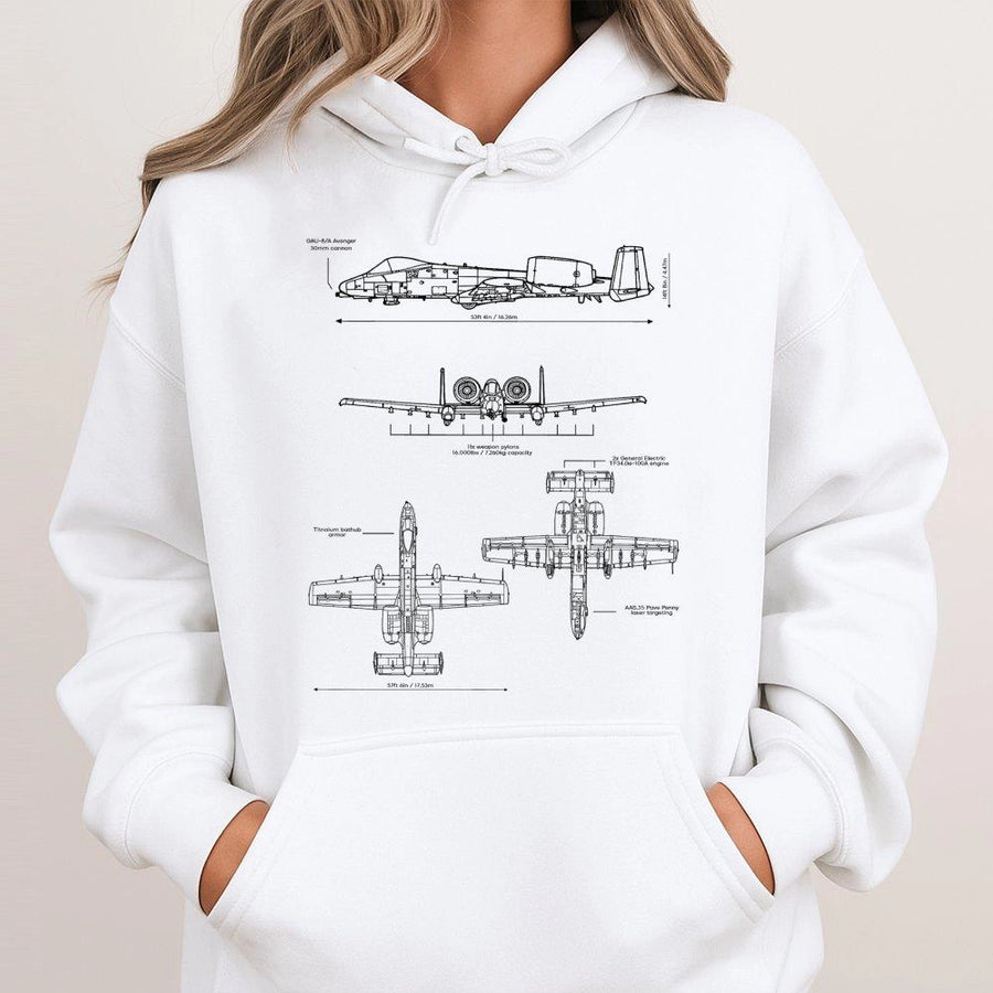 A-10 Warthog Hoodie | Military Aviation Blueprint Graphic | Cotton Blend Premium Sweatshirt | Gift for Pilot Aircraft Enthusiast