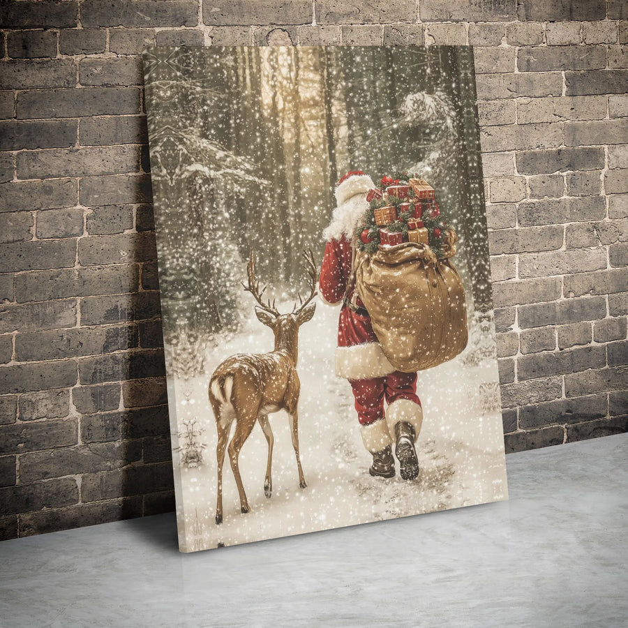 Santa Claus Wall Art | Snowy Forest Reindeer Christmas Canvas | Premium Gallery Wrap Decor | Festive Holiday Gift for Home