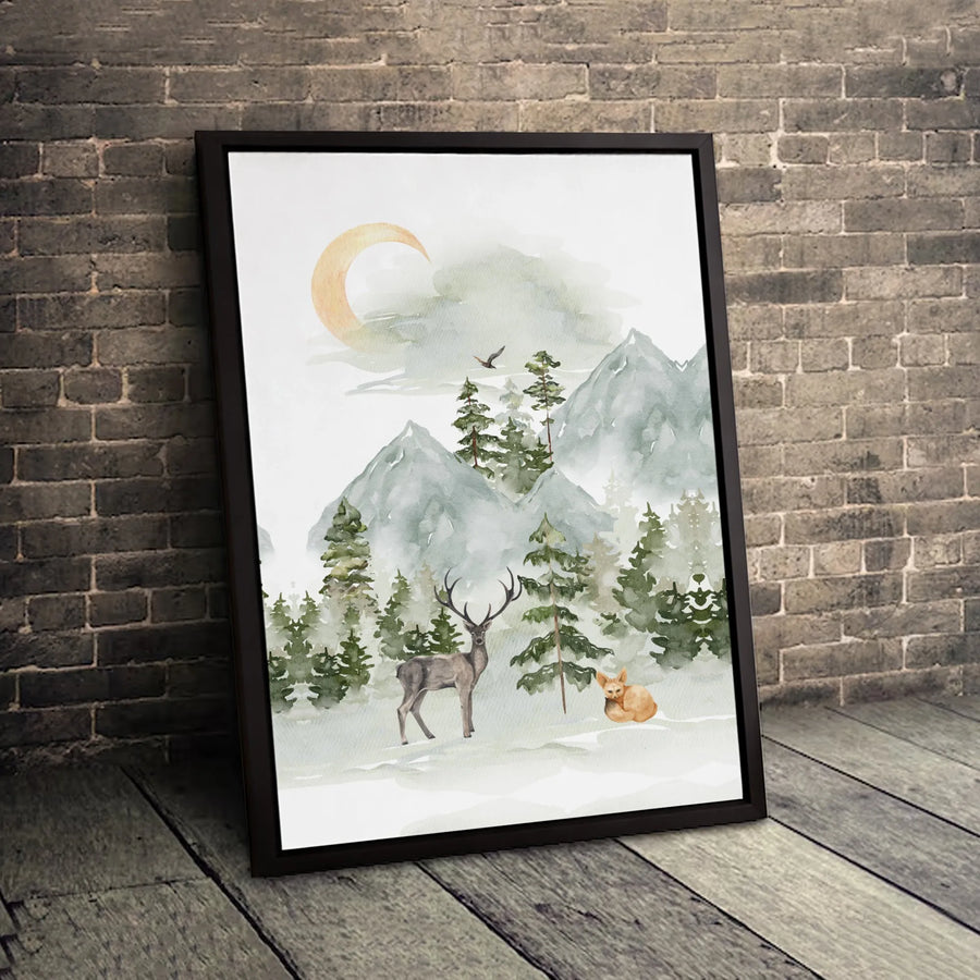 Watercolor Deer and Fox Canvas Wall Art | Snowy Mountain Forest Landscape | Premium Gallery Wrapped Print | Nature Nursery Home Decor Gift