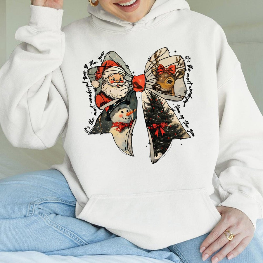 Christmas Coquette Bow Hoodie | Vintage Santa Snowman Reindeer Design | Premium Cotton Blend | Festive Holiday Gift for Women and Teens