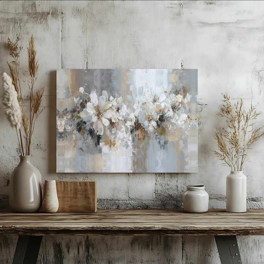 Abstract Floral Canvas Wall Art | Neutral Grey and Beige Impressionist Bouquet | Premium Gallery-Wrapped Print | Modern Home Office Decor