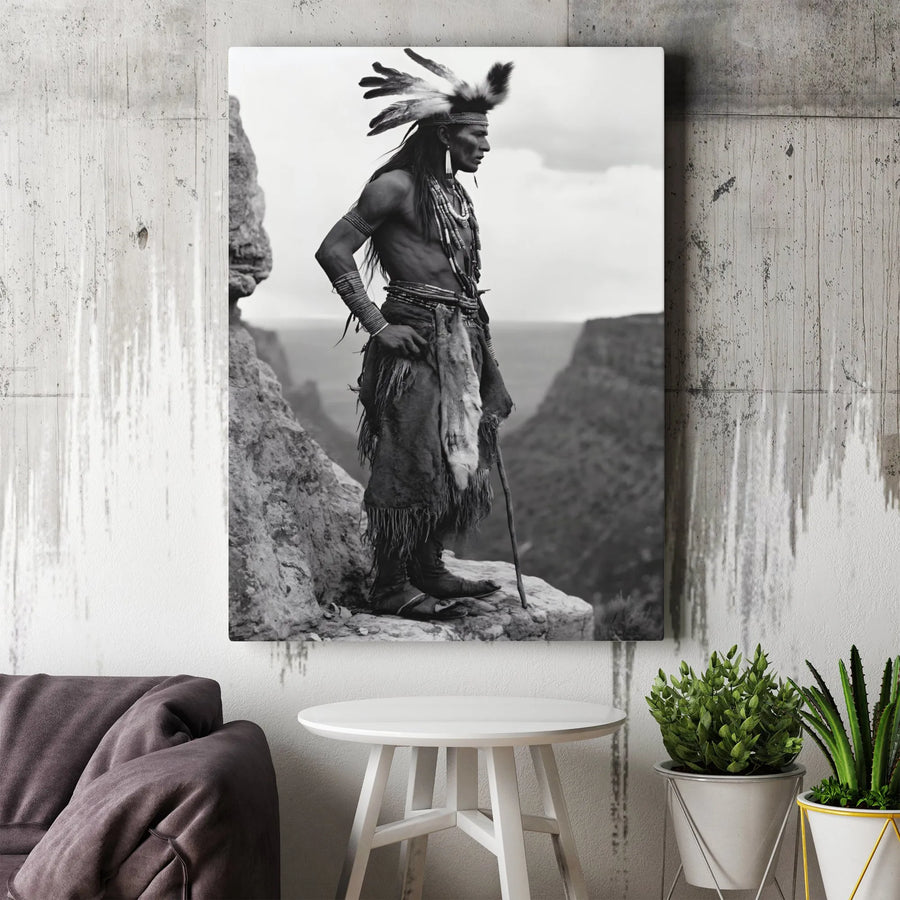 Native American Warrior Vertical Canvas | Vintage Black and White Photography | Premium 1.25" Thick Wall Art | Western & Southwestern Home Decor Collector's Gift