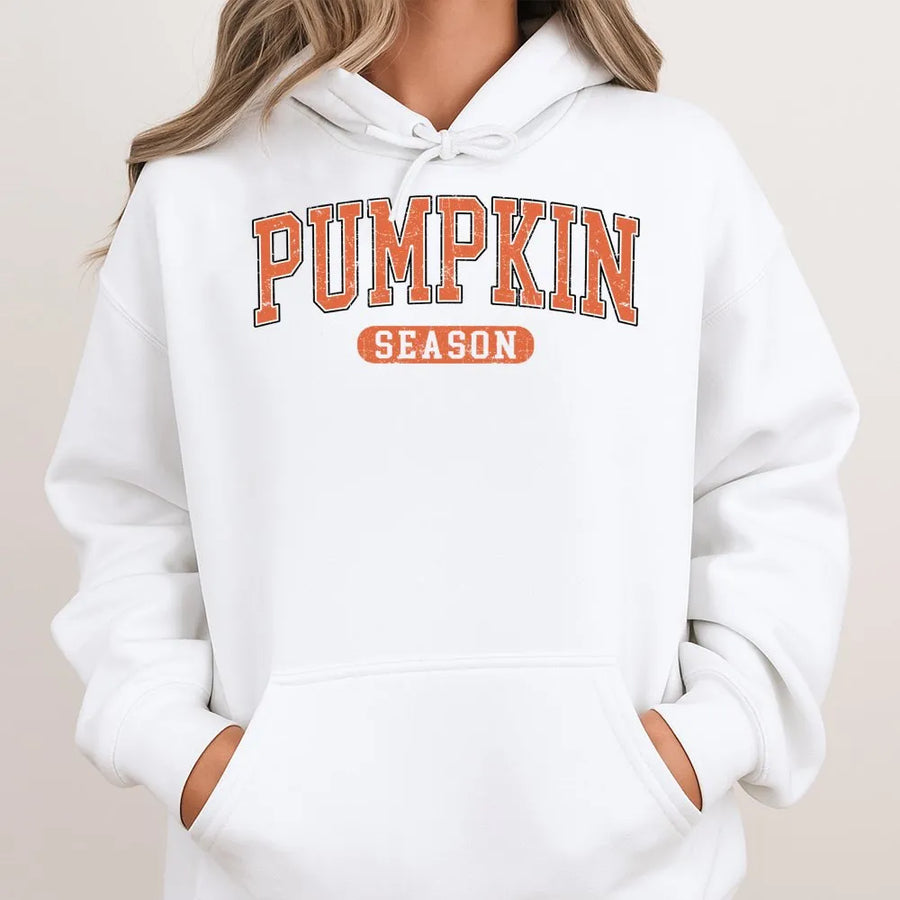 Pumpkin Season Hoodie | Distressed Collegiate Varsity Graphic | Premium Cotton Blend | Cozy Fall Halloween Sweatshirt Gift for Her Him