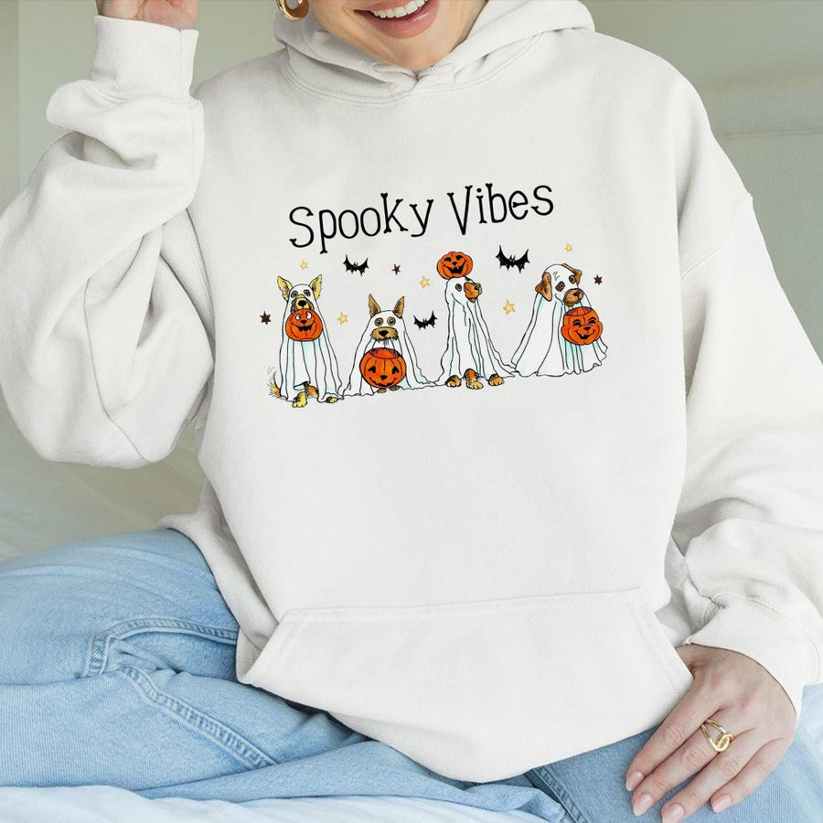 Ghost Dog Halloween Hoodie | Spooky Vibes Graphic Sweatshirt | Cotton Blend Premium Pullover | Funny Pet Lover Gift For Women Men