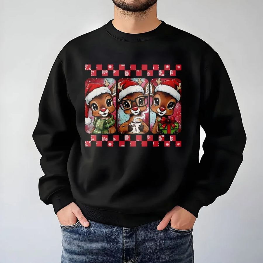 Christmas Reindeer Sweatshirt | Retro Checkered Holiday Graphic | Premium Cotton Blend | Cute Xmas Gift for Women & Teachers