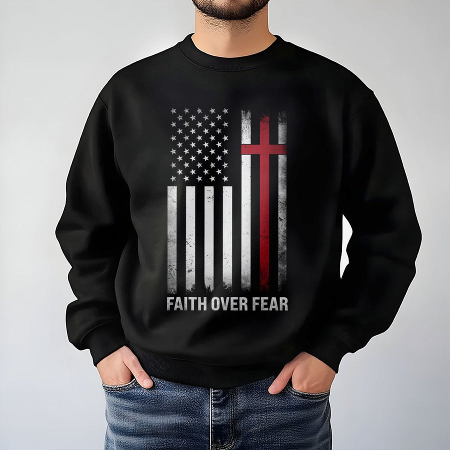 Faith Over Fear Sweatshirt | American Flag Cross Graphic | Premium Cotton Blend Crewneck | Christian Patriot Gift for Men and Women