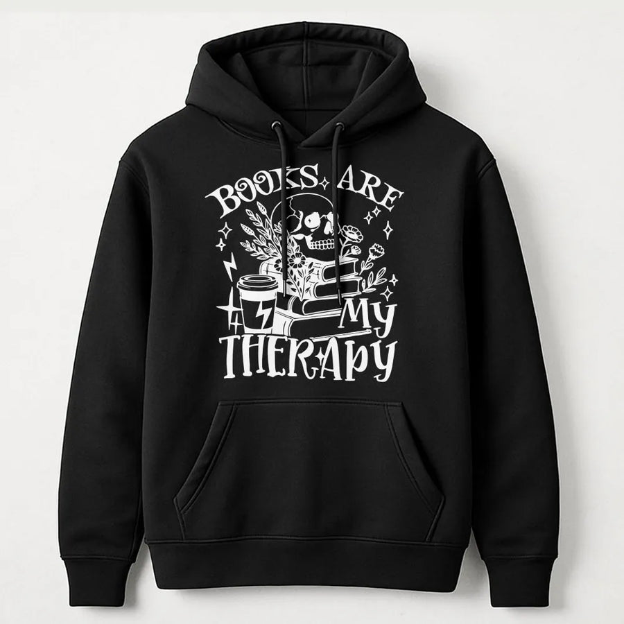 Books Are My Therapy Hoodie | Dark Academia Skull Bookworm Sweatshirt | Premium Cotton Blend | Gift for Readers, Librarians, and Book Lovers