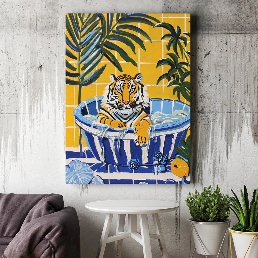 Tiger in Bathtub Canvas Art | Vibrant Jungle Bathroom Print | Premium Gallery Wrapped Canvas | Unique Modern Home Decor Gift
