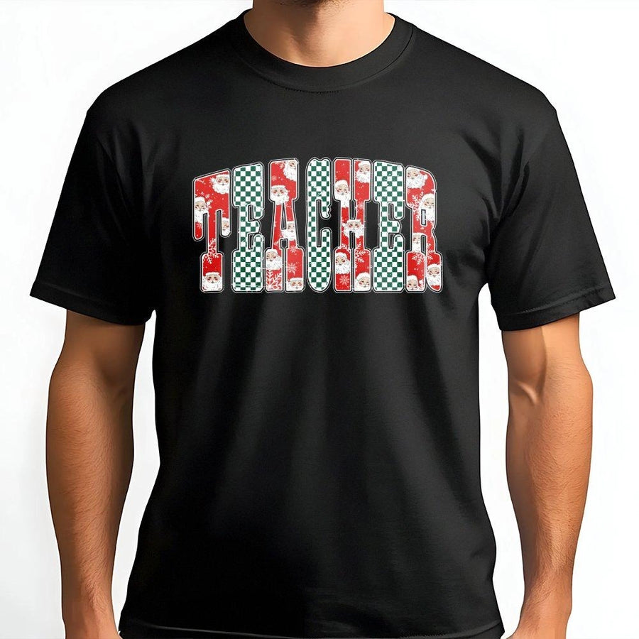 Christmas Teacher T-Shirt | Santa Claus Checkered Holiday Graphic | Premium 100% Cotton Tee | Festive Educator Gift for Winter Season