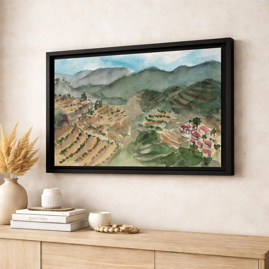 Watercolor Mountain Landscape Canvas | Terraced Hills Village Print | Gallery Quality 1.25-Inch Profile | Nature Wall Art Gift for Home Decor