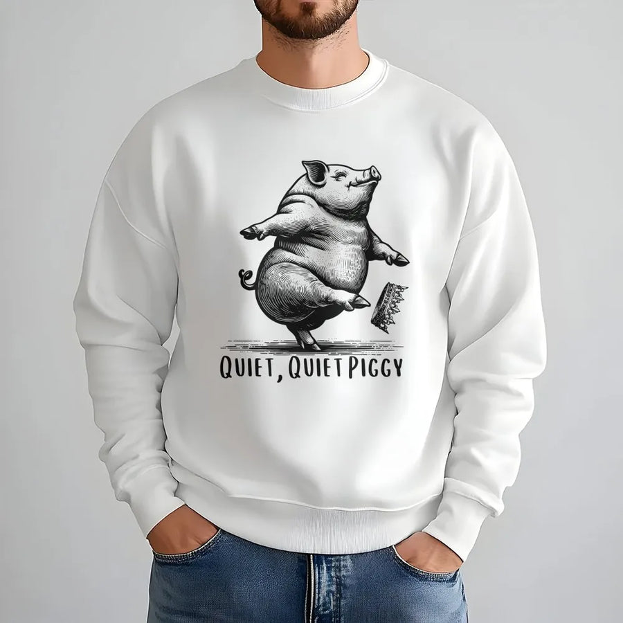 Dancing Pig Sweatshirt | Quiet Quiet Piggy Graphic Design | Premium Cotton Blend Crewneck | Funny Farm Animal Gift For Pig Lovers
