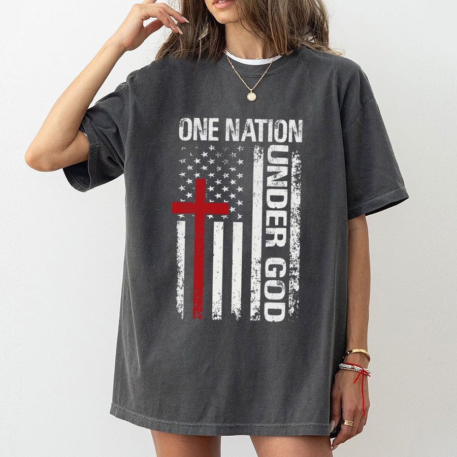 One Nation Under God T-Shirt | Distressed USA Flag With Christian Cross | 100% Cotton Premium Tee | Patriotic Religious Gift For Men And Women