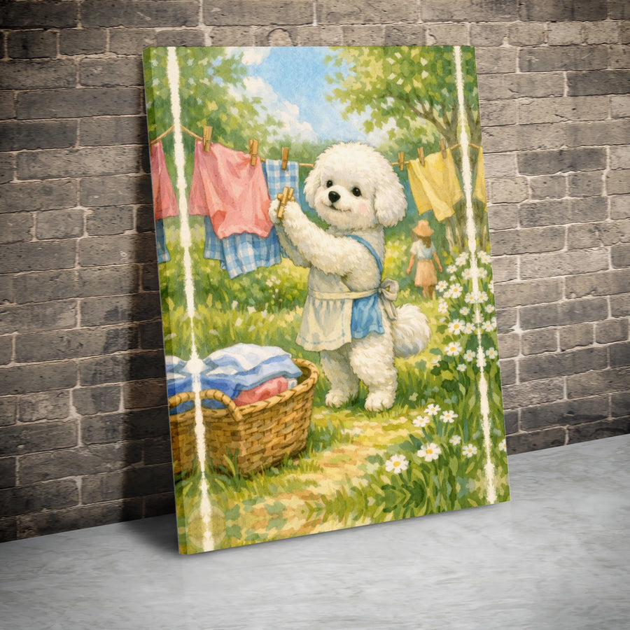 Cute Bichon Frise Canvas Wall Art | Whimsical Dog Doing Laundry Painting | Premium Gallery Wrapped Canvas | Collector's Gift for Dog Lover, Laundry Room Decor