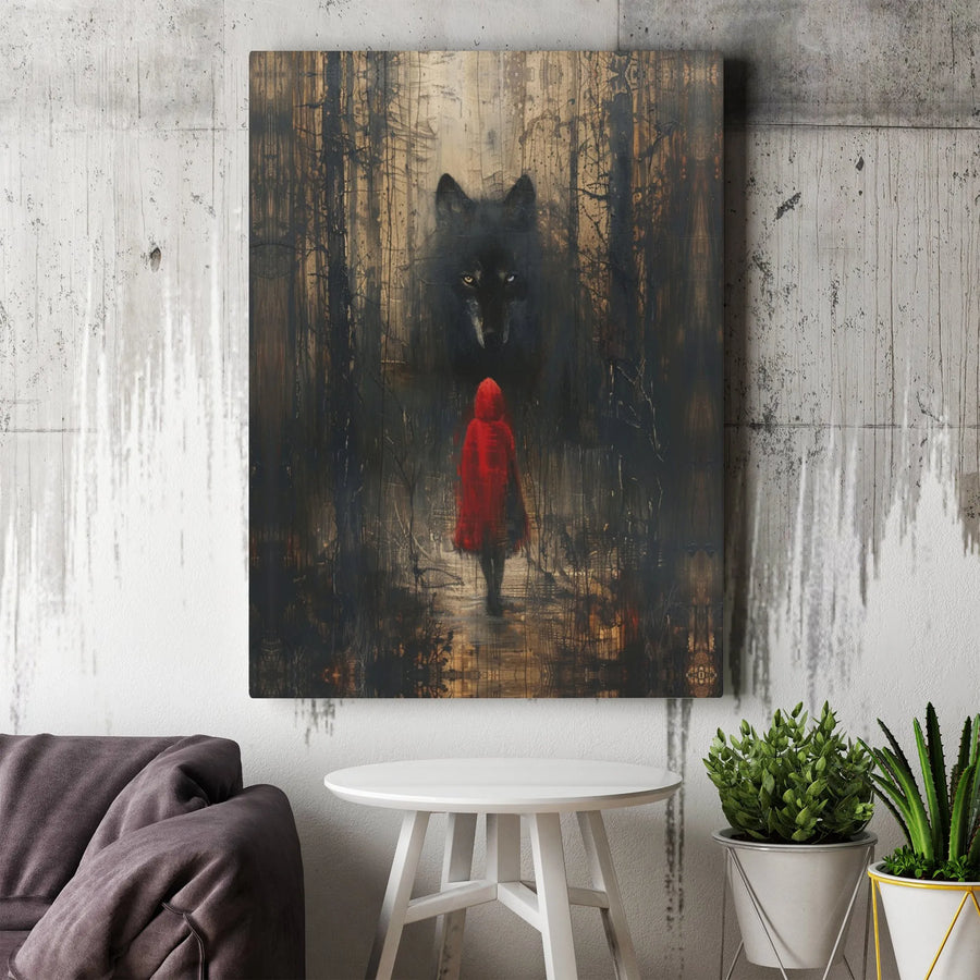 Red Riding Hood and Wolf Canvas Art | Gothic Fairy Tale Painting Print | Premium Matte Canvas | Moody Dark Academia Home Decor Gift