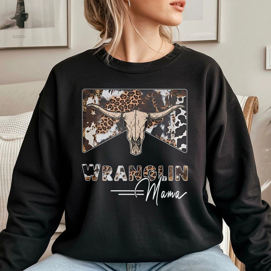 Wranglin Mama Sweatshirt | Western Cow Skull Leopard Print Design | Premium Cotton Blend | Country Cowgirl Gift for Women