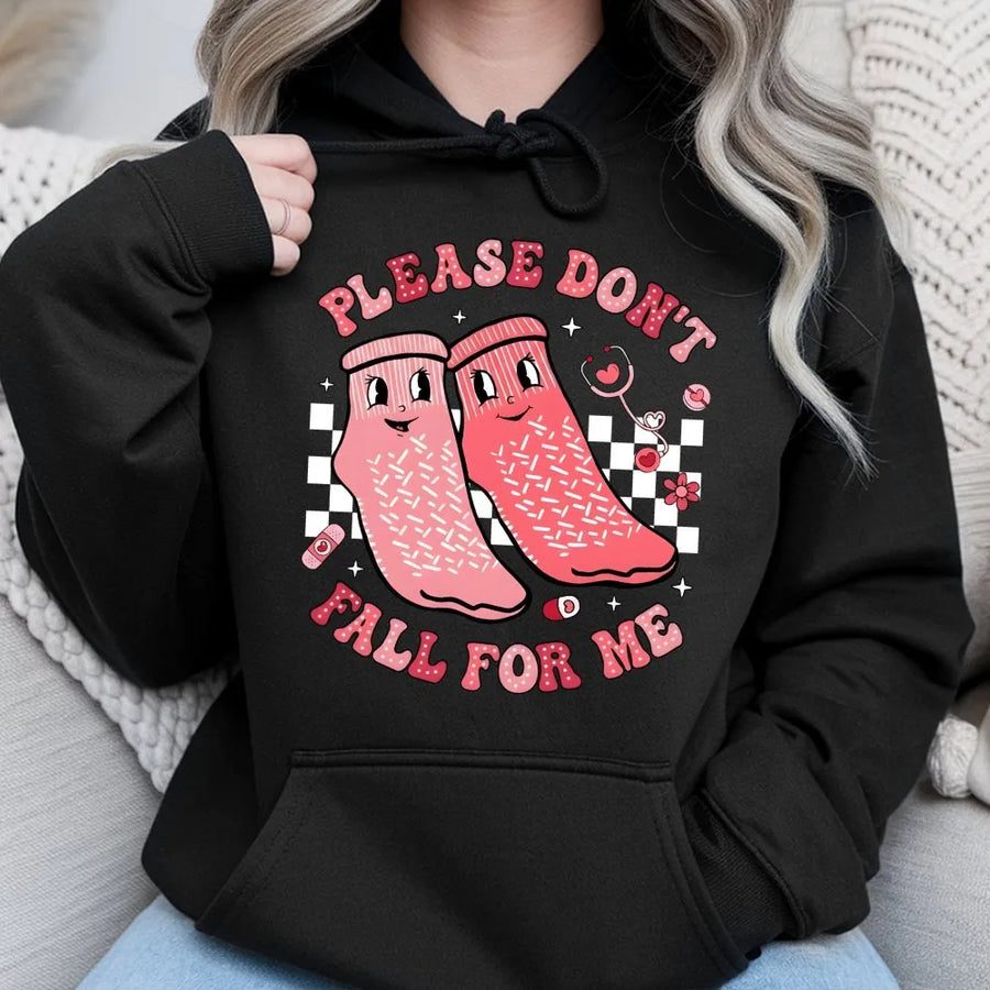 Nurse Valentine Hoodie | Please Don't Fall For Me Cute Graphic | Premium Cotton Blend | Gift For Student Nurses & Healthcare Workers