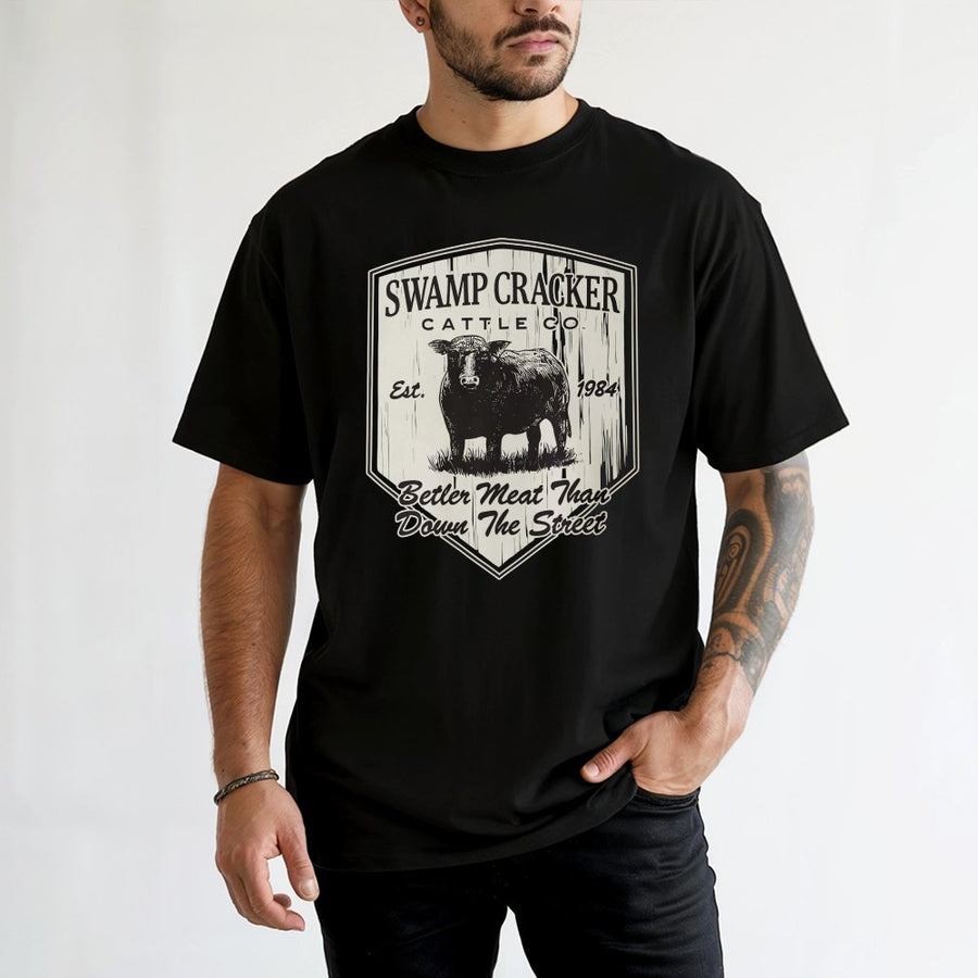 Swamp Cracker Cattle Co T-Shirt | Funny Farm Graphic Logo | 100% Cotton Premium Tee | Unique Beef Lover Gift for Ranchers and Farmers